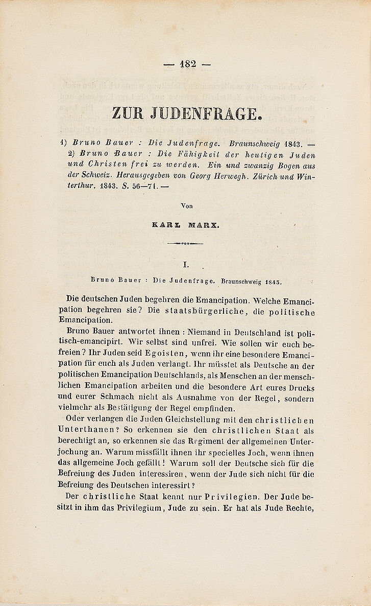 Titelblatt Karl Marx „Zur Judenfrage“, in: Deutsch-Französische Jahrbücher Karl Marx, Paris 1844 